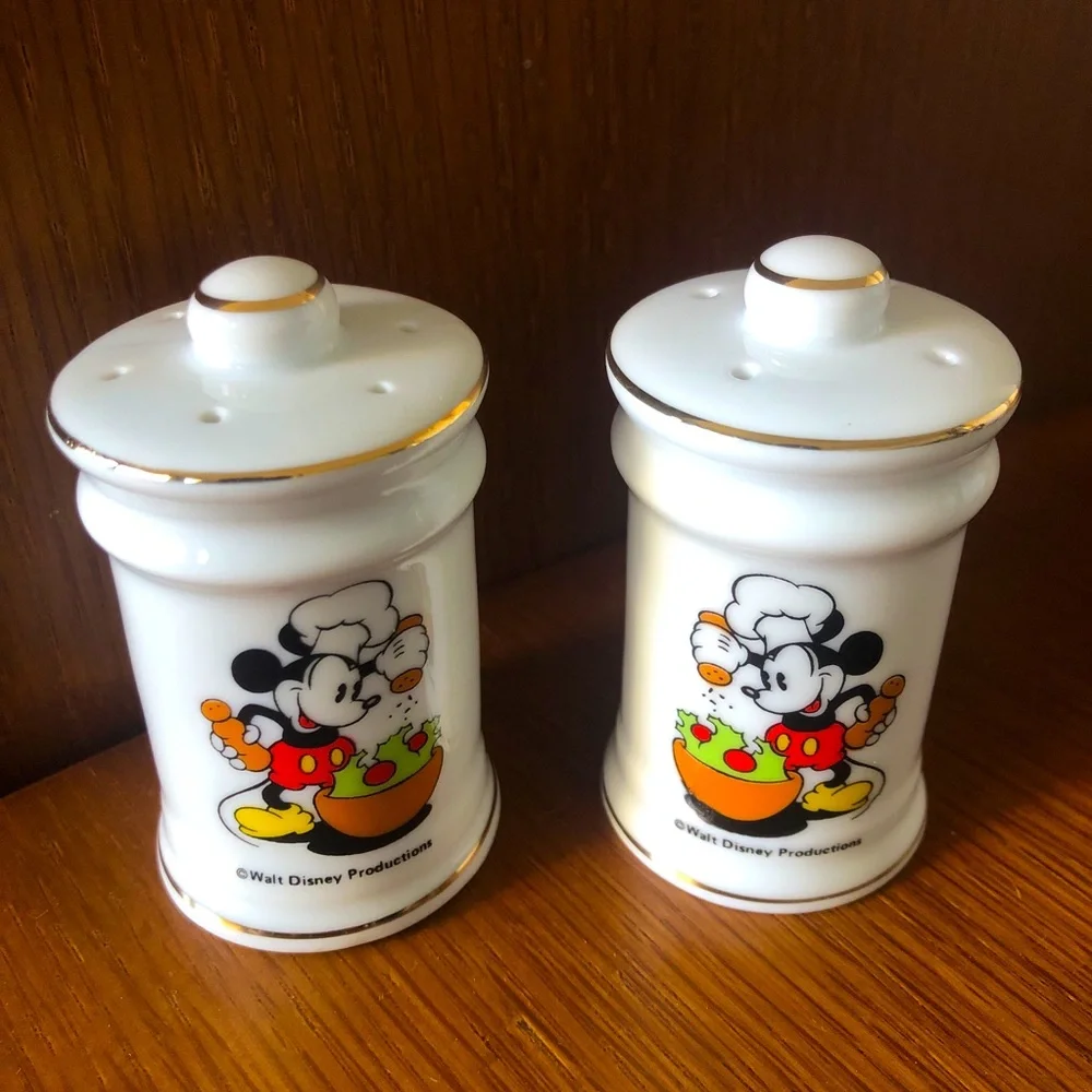 Vintage Mickey Mouse Salt and Pepper Shakers Gold Trim✨ Ceramic Disney S&P 70’s - Picture 1 of 5